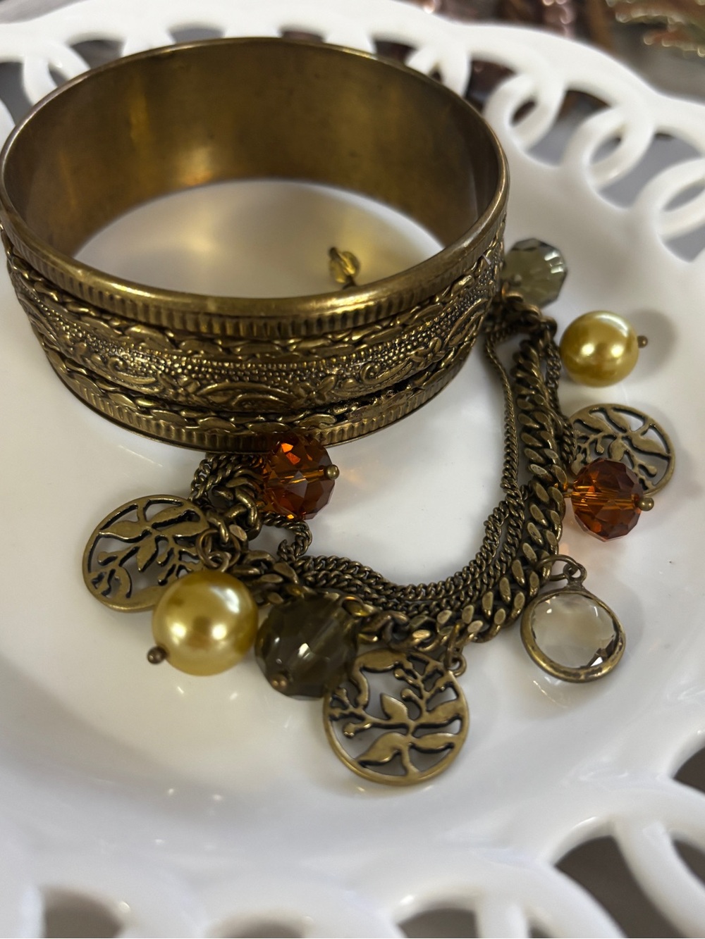 Brass(?) Bangle & Antique Gold Charm Bracelet